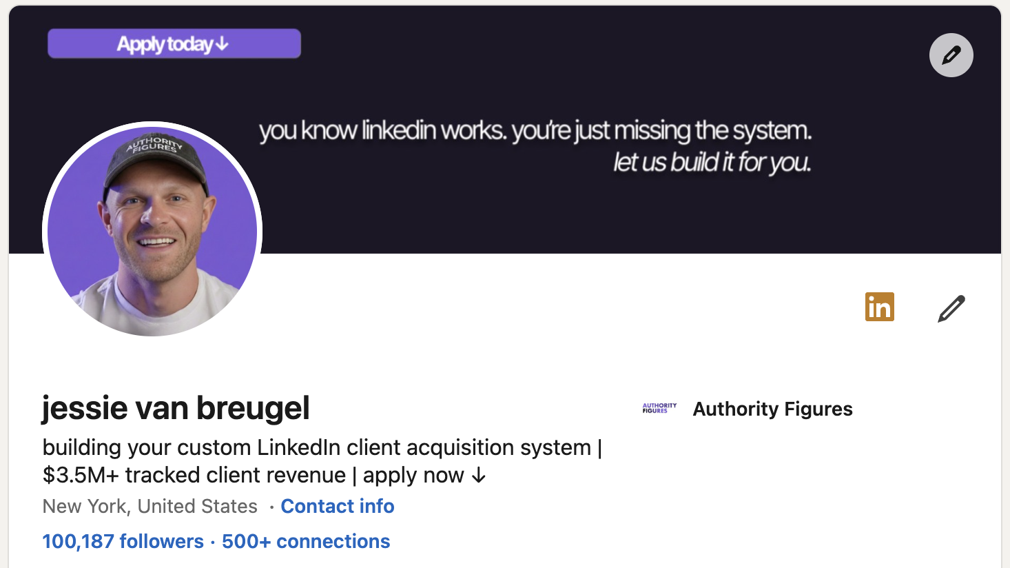 Jessie van Breugel’s LinkedIn profile for Authority Figures, showing his personal brand and 100,187 followers